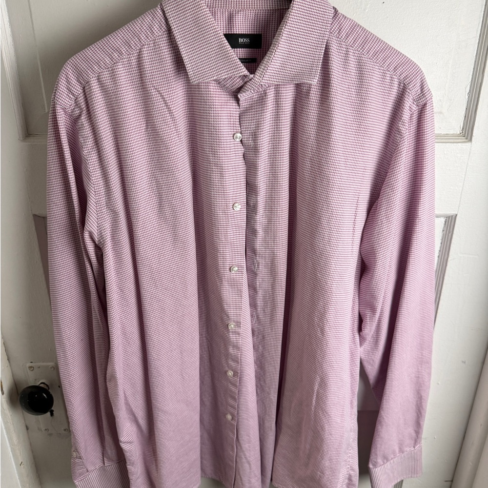 HUGO BOSS Men’s Dress Shirt – Regular Fit – Pink Micro-Check Pattern